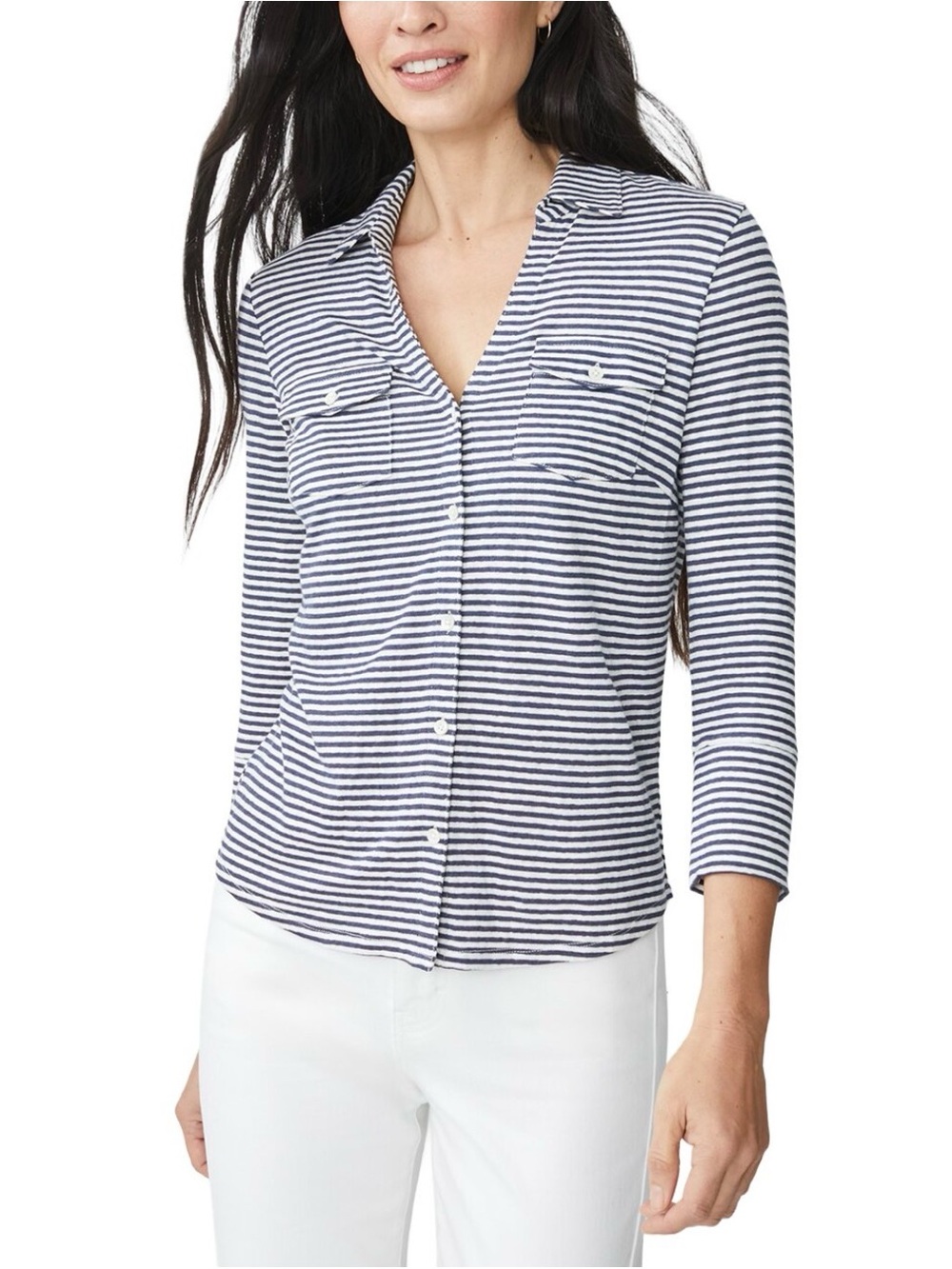 J. McLaughlin Linen Navy and White Striped Button-Down Shirt